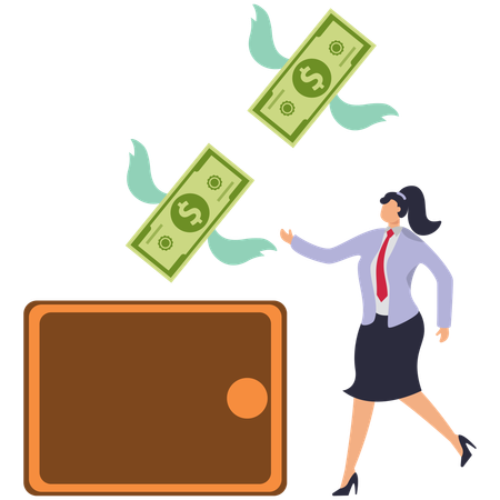 Femme d'affaires tenant un portefeuille tandis que l'argent vole  Illustration