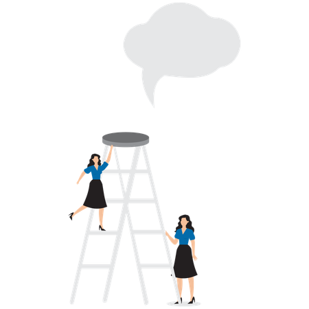 Femme d'affaires tenant une échelle et capable d'atteindre avec précision la bulle de dialogue  Illustration