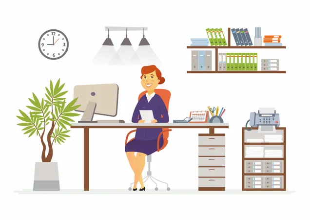 Femme d'affaires travaillant au bureau sur le bureau  Illustration