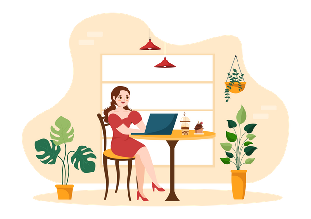 Femme d'affaires travaillant dans un café Internet  Illustration
