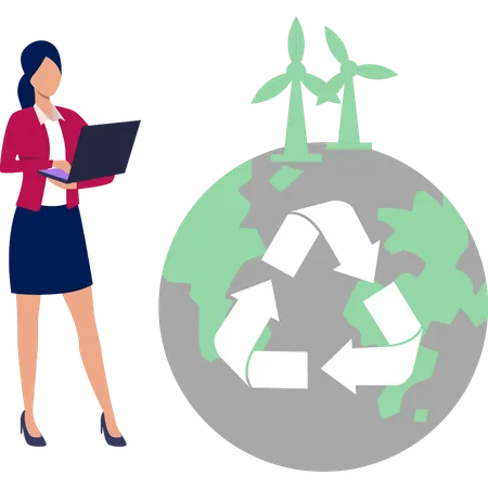 Femme d'affaires travaillant sur un ordinateur portable sur l'environnement mondial de recyclage  Illustration