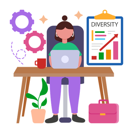 Femme d'affaires travaillant sur une analyse de la diversité de la main-d'œuvre  Illustration