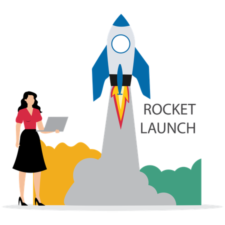 Femme d'affaires travaillant sur une mission de lancement de fusée  Illustration