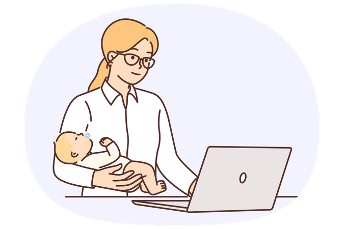 Une femme d'affaires travaille avec son bébé dans les bras à l'aide d'un ordinateur portable pour exécuter des commandes en ligne en freelance  Illustration