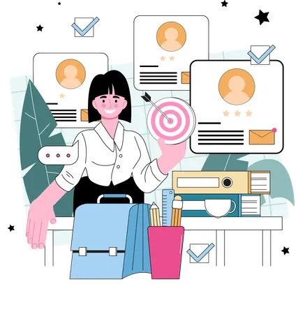 Femme d'affaires trouvant le meilleur profil d'employé  Illustration