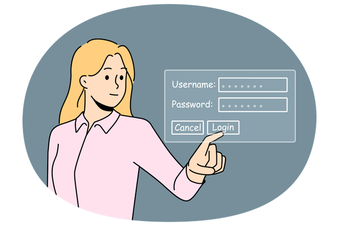 Femme d'affaires, saisissez votre nom d'utilisateur et votre mot de passe pour vous connecter  Illustration