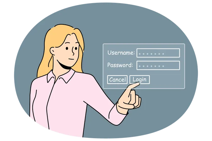 Femme d'affaires, saisissez votre nom d'utilisateur et votre mot de passe pour vous connecter  Illustration