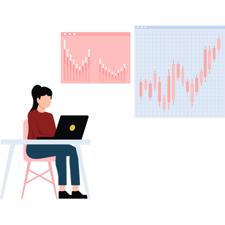 Femme d'affaires utilisant un ordinateur portable sur la performance financière  Illustration