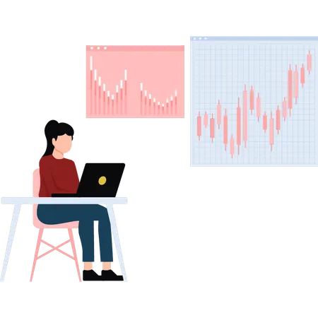 Femme d'affaires utilisant un ordinateur portable sur la performance financière  Illustration