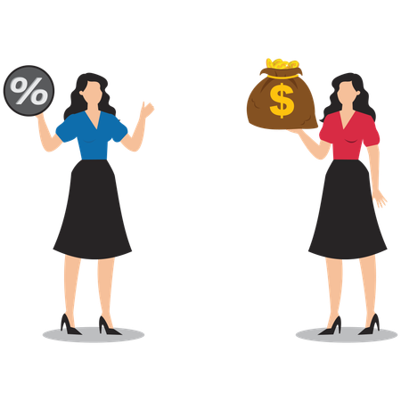 Femme d'affaires Vérifiez le taux d'intérêt ou les dividendes gagnés sur les investissements  Illustration