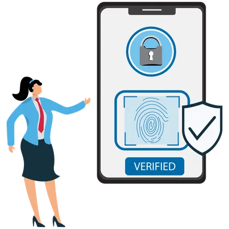 Femme d'affaires visualisant un scan de sécurité biométrique  Illustration