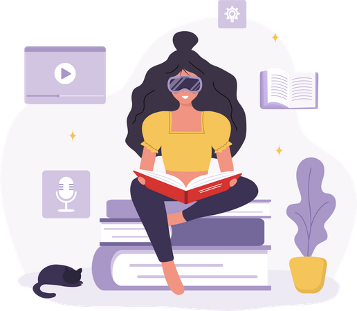 Femme à lunettes VR assise et lisant des livres  Illustration