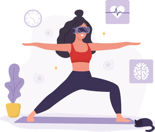 Femme en lunettes VR faisant des exercices et du yoga  Illustration