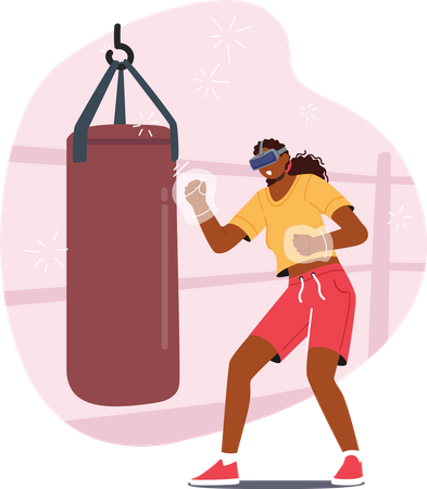 Femme dans des lunettes VR faisant un entraînement de boxe  Illustration