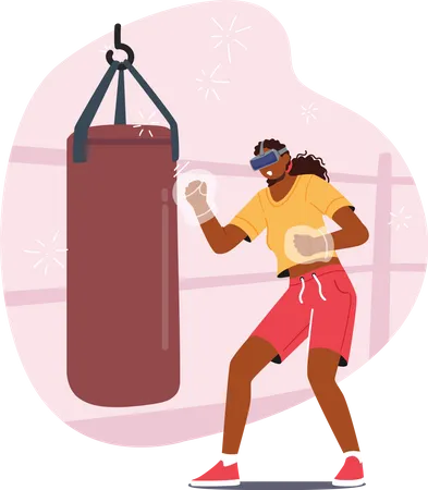 Femme dans des lunettes VR faisant un entraînement de boxe  Illustration