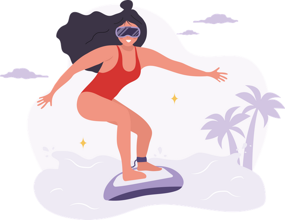 Femme à lunettes VR surfant sur les vagues dans le métaverse  Illustration