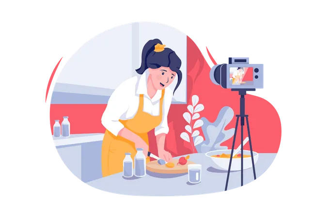 Femme dans la cuisine enregistrant des recettes de préparation de nourriture devant la caméra  Illustration