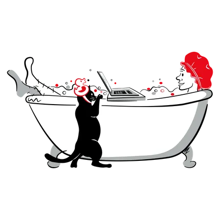 Femme dans la salle de bain avec un ordinateur portable  Illustration