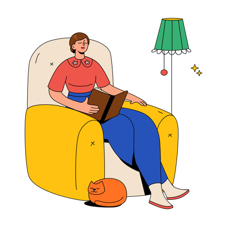 Femme dans une chaise confortable lisant un livre  Illustration