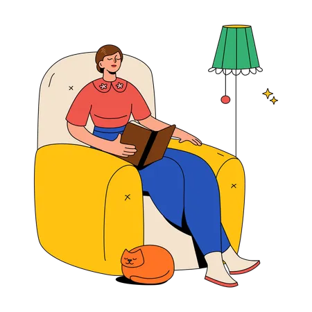 Femme dans une chaise confortable lisant un livre  Illustration