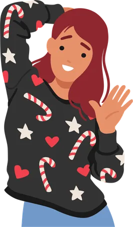 Femme dans un pull de Noël festif orné  Illustration