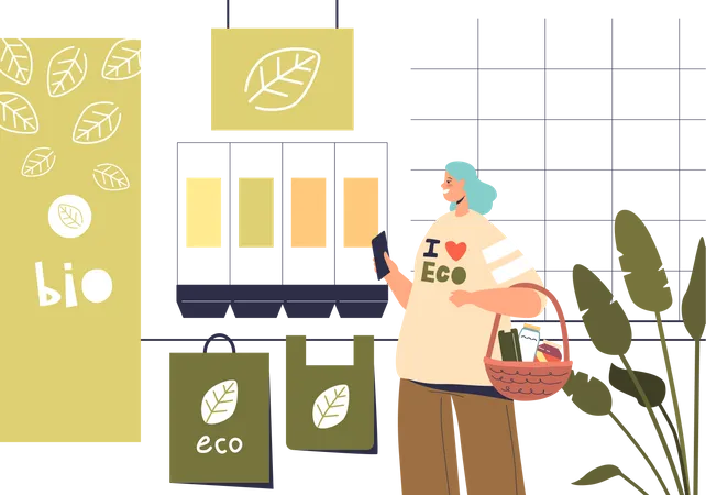 Femme dans une épicerie bio écologique  Illustration