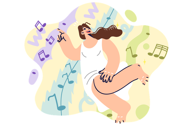 Une femme danse sur de la musique debout parmi les notes et aime se détendre lors de fêtes ou de discothèques  Illustration