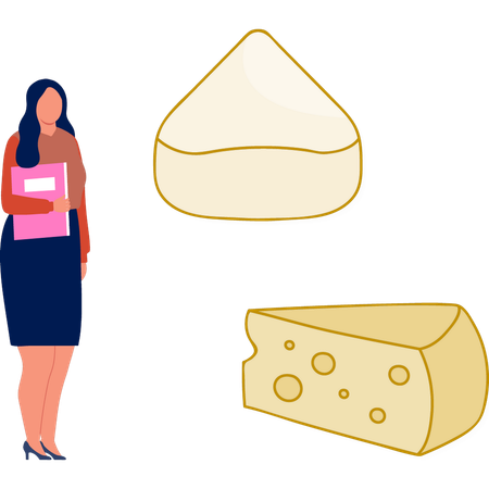 Femme de bureau avec un dossier debout près d'une tranche de fromage  Illustration