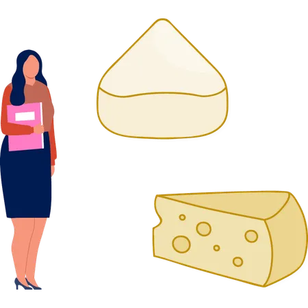 Femme de bureau avec un dossier debout près d'une tranche de fromage  Illustration