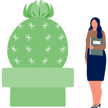 Femme de bureau debout près d'une plante de cactus  Illustration