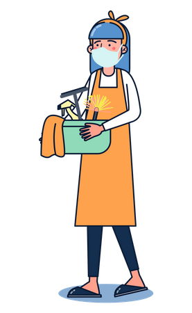 Femme de ménage tenant un panier d'outils de nettoyage  Illustration