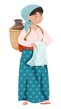 Une femme de la campagne porte de l'eau dans une carafe derrière son dos  Illustration