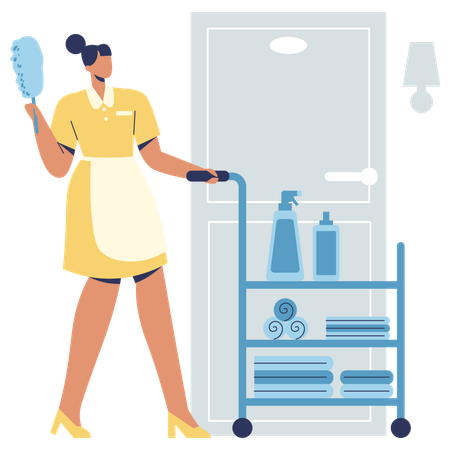 Femme de ménage avec kit de nettoyage pour le service en chambre  Illustration