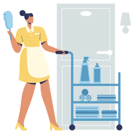 Femme de ménage avec kit de nettoyage pour le service en chambre  Illustration