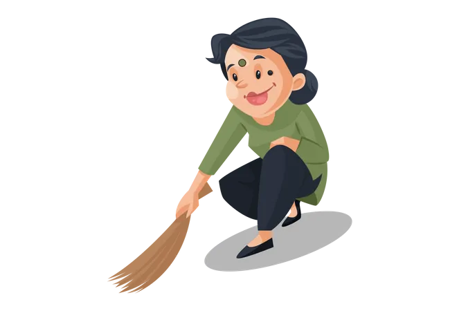 La femme de ménage balaie le sol avec un balai  Illustration