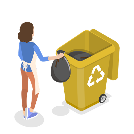 Femme de ménage jetant les déchets ménagers dans la poubelle  Illustration
