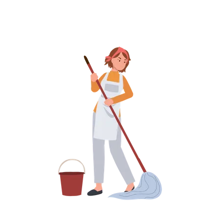Femme de ménage nettoyant le sol  Illustration
