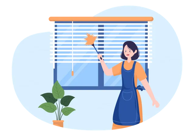 Femme de ménage nettoyant les rideaux  Illustration