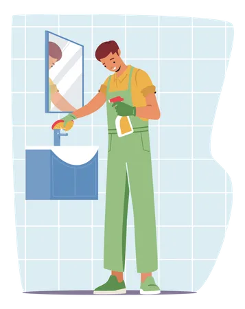 Femme de ménage nettoyant la salle de bain  Illustration