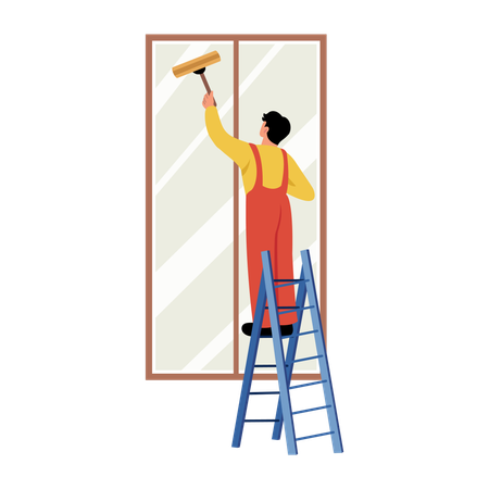 Femme de ménage nettoyant les vitres  Illustration