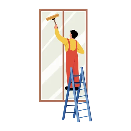 Femme de ménage nettoyant les vitres  Illustration