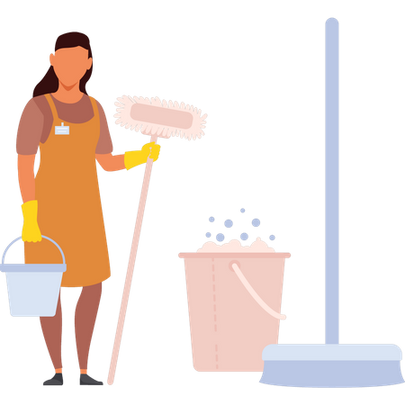 Femme de ménage tenant un seau et une brosse  Illustration