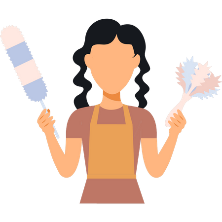 Femme de ménage tenant une brosse de nettoyage  Illustration