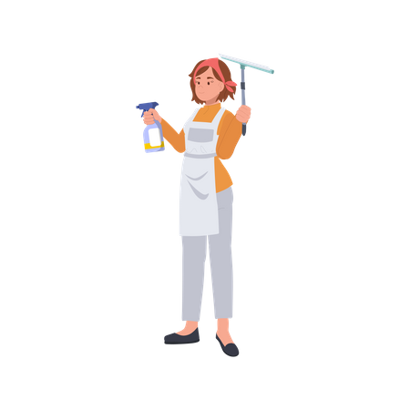 Femme de ménage tenant un spray et un essuie-glace en verre  Illustration