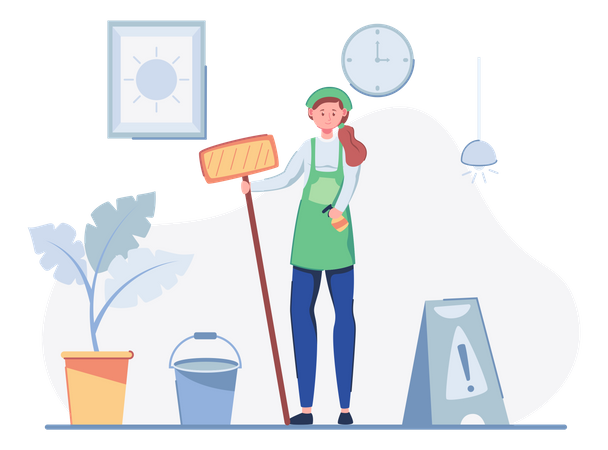 Travailleuse de nettoyage avec équipement de nettoyage  Illustration