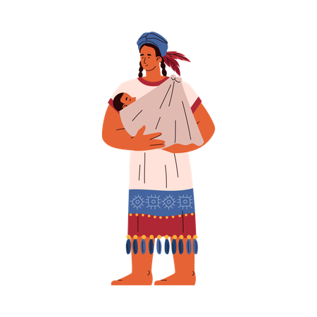 Femme de la tribu maya avec un bébé dans une écharpe  Illustration