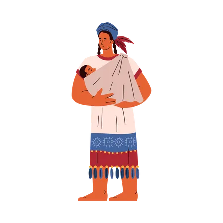 Femme de la tribu maya avec un bébé dans une écharpe  Illustration