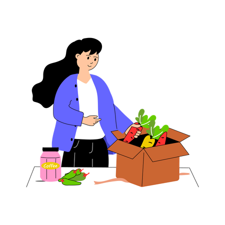 Une femme déballe des produits d'épicerie  Illustration