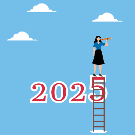 Femme debout à 2025 et regarde à travers des jumelles  Illustration