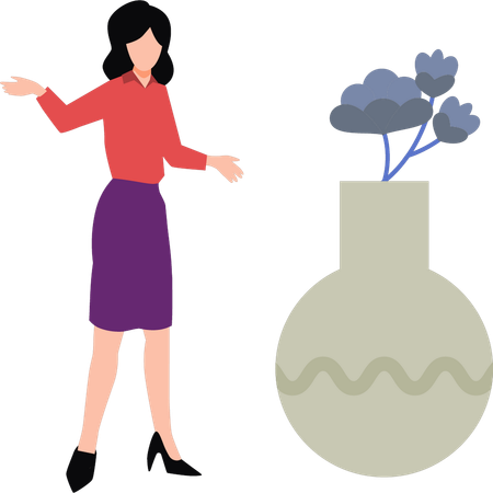 Femme debout à côté d'un vase de fleurs  Illustration